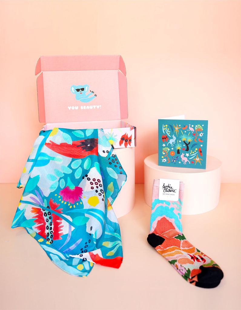 Gift Box Set - 65cm Silk Cotton Small Scarf + Socks